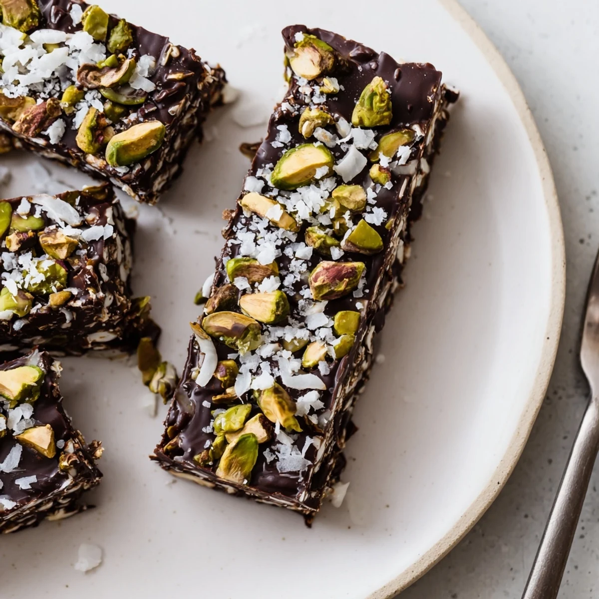 Dark Chocolate Pistachio Coconut Crunch Bars arranged on parchment, glossy chocolate sheen