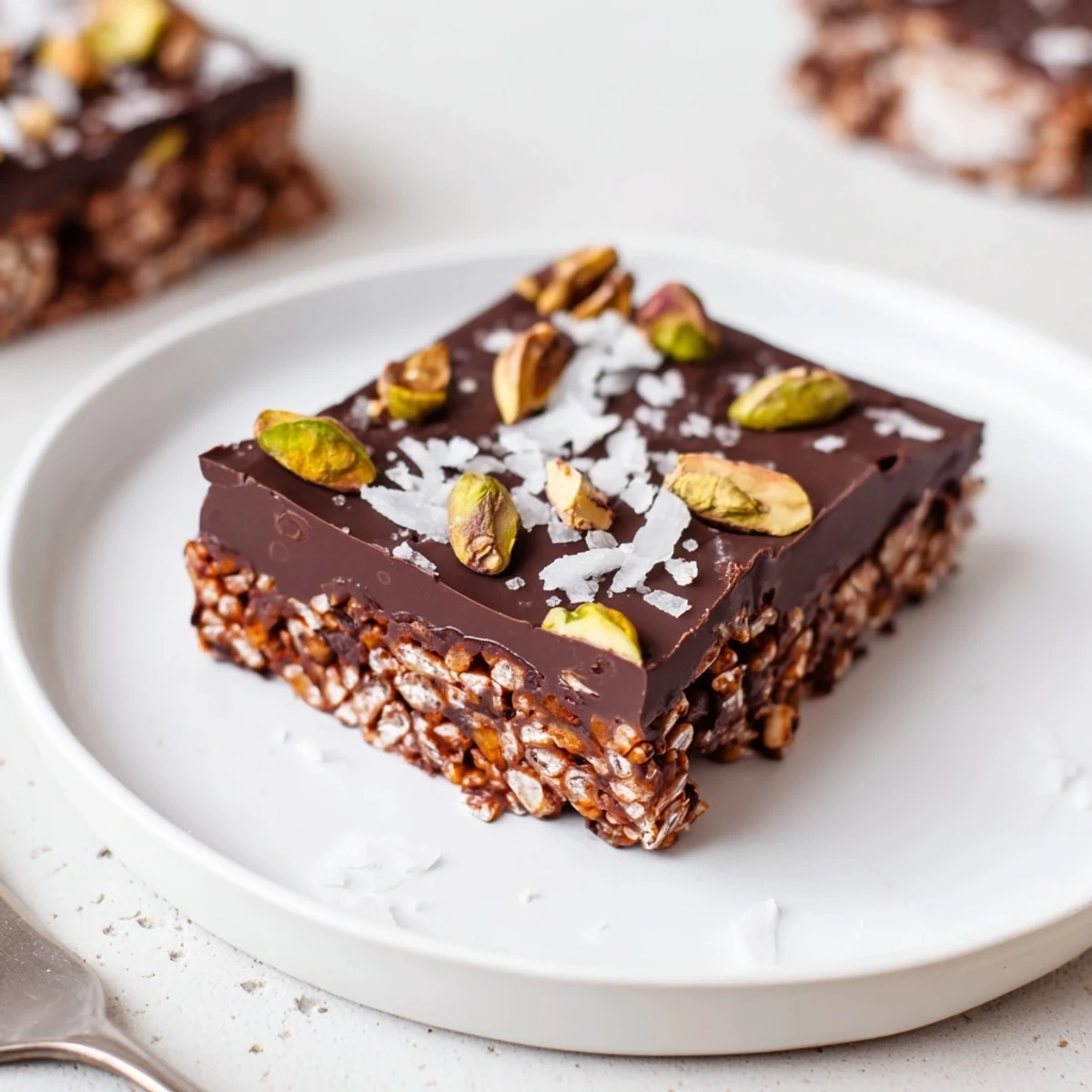 Sliced Dark Chocolate Pistachio Coconut Crunch Bars showing toasted pistachios and coconut