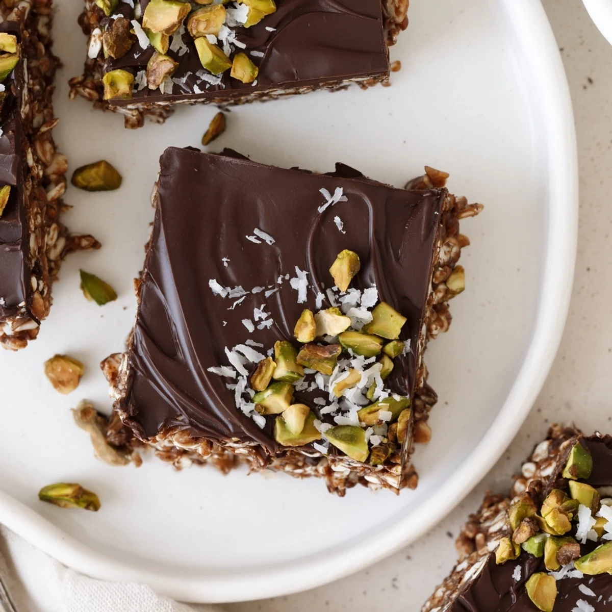 Hand reaching for Dark Chocolate Pistachio Coconut Crunch Bars dusted with flaky sea salt