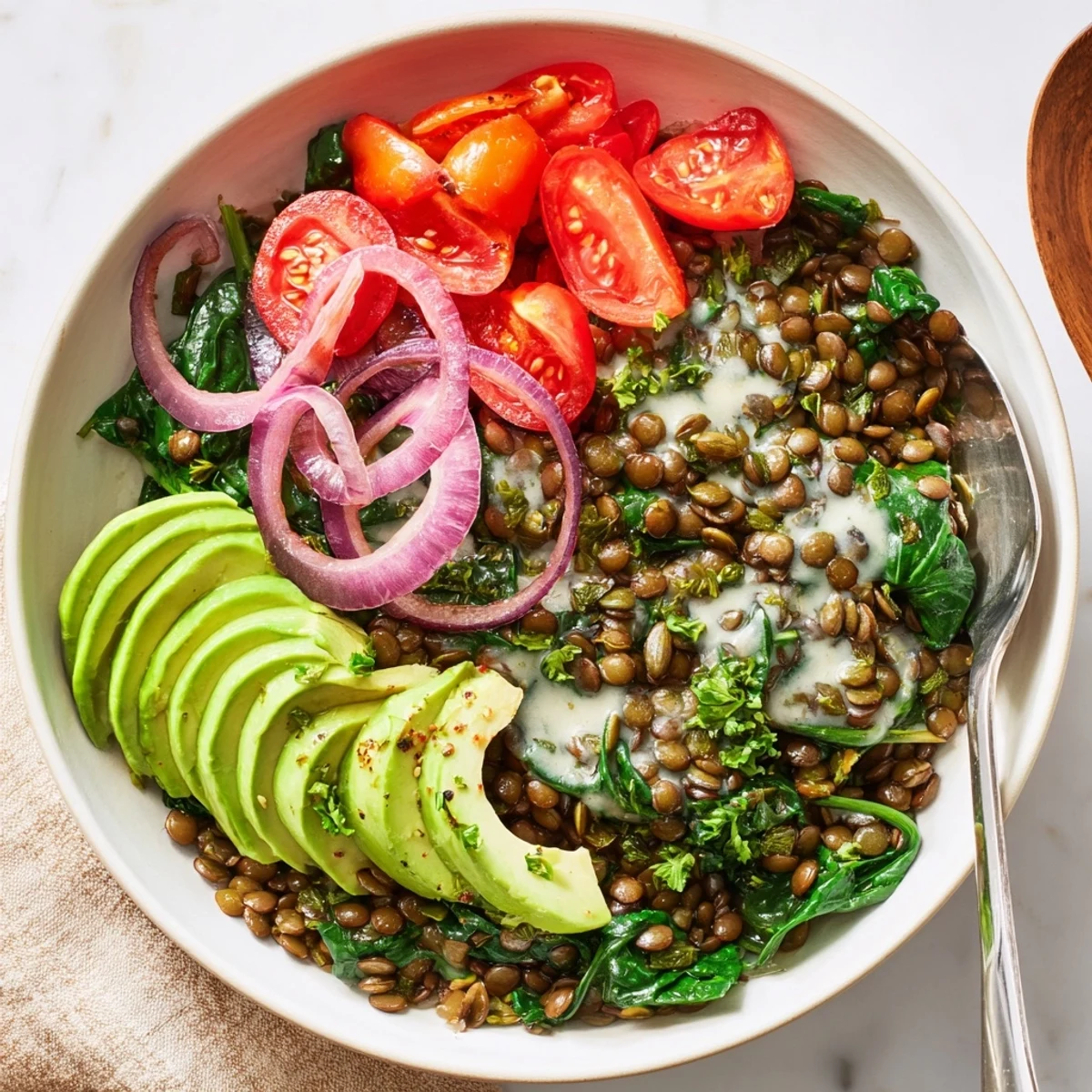 Warm Savory Lemon Garlic Lentil Breakfast Bowl with avocado, zesty dressing drizzle