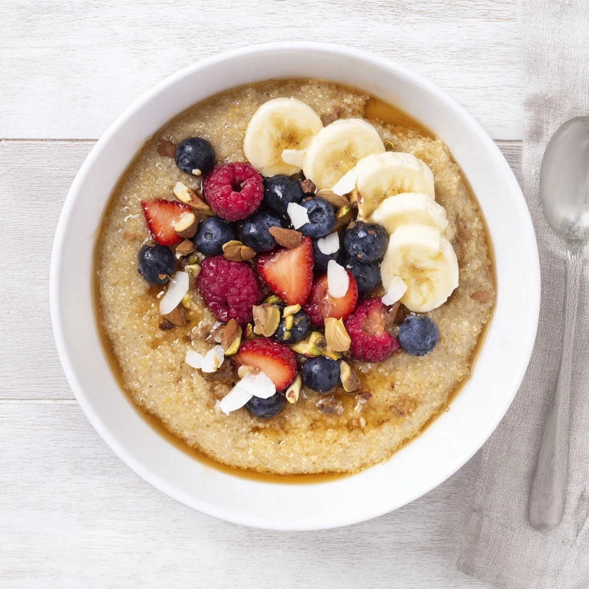 Warm Vanilla Cardamom Amaranth Porridge Breakfast Bowl topped with berries, toasted nuts