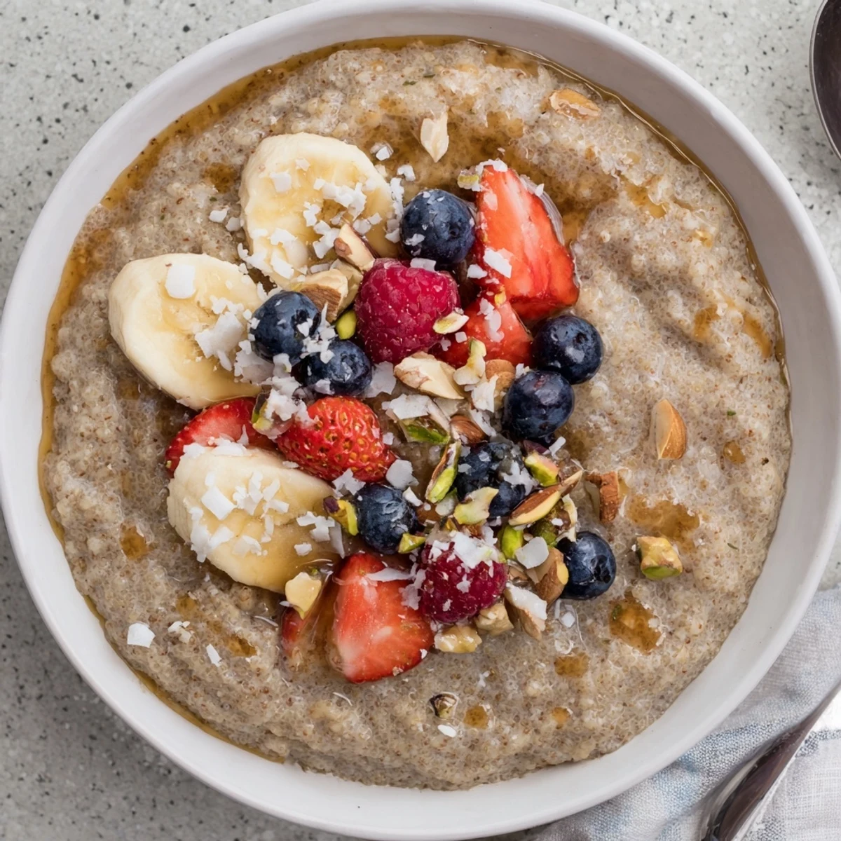 Creamy Vanilla Cardamom Amaranth Porridge Breakfast Bowl served warm with banana slices