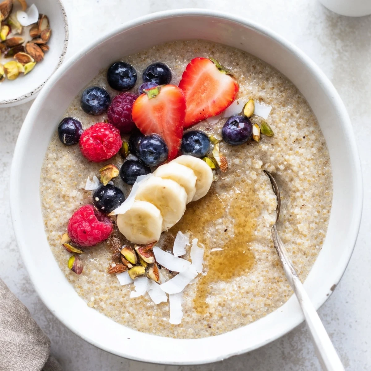 Steaming Vanilla Cardamom Amaranth Porridge Breakfast Bowl drizzled with maple syrup and coconut