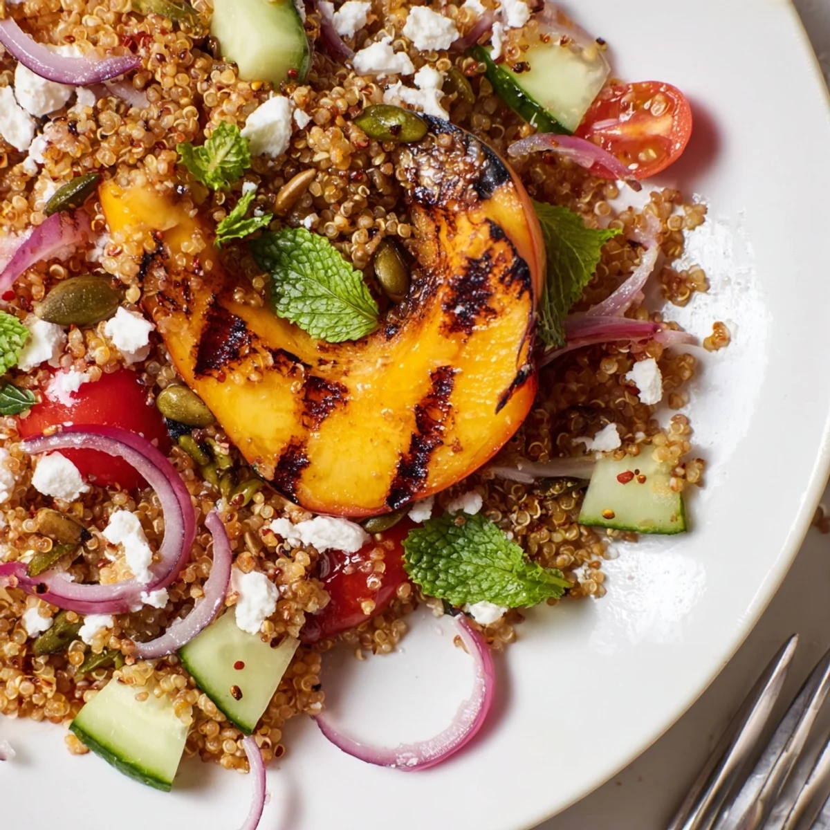 Grilled Nectarine Chili Quinoa Grain Salad piled with charred nectarines and feta