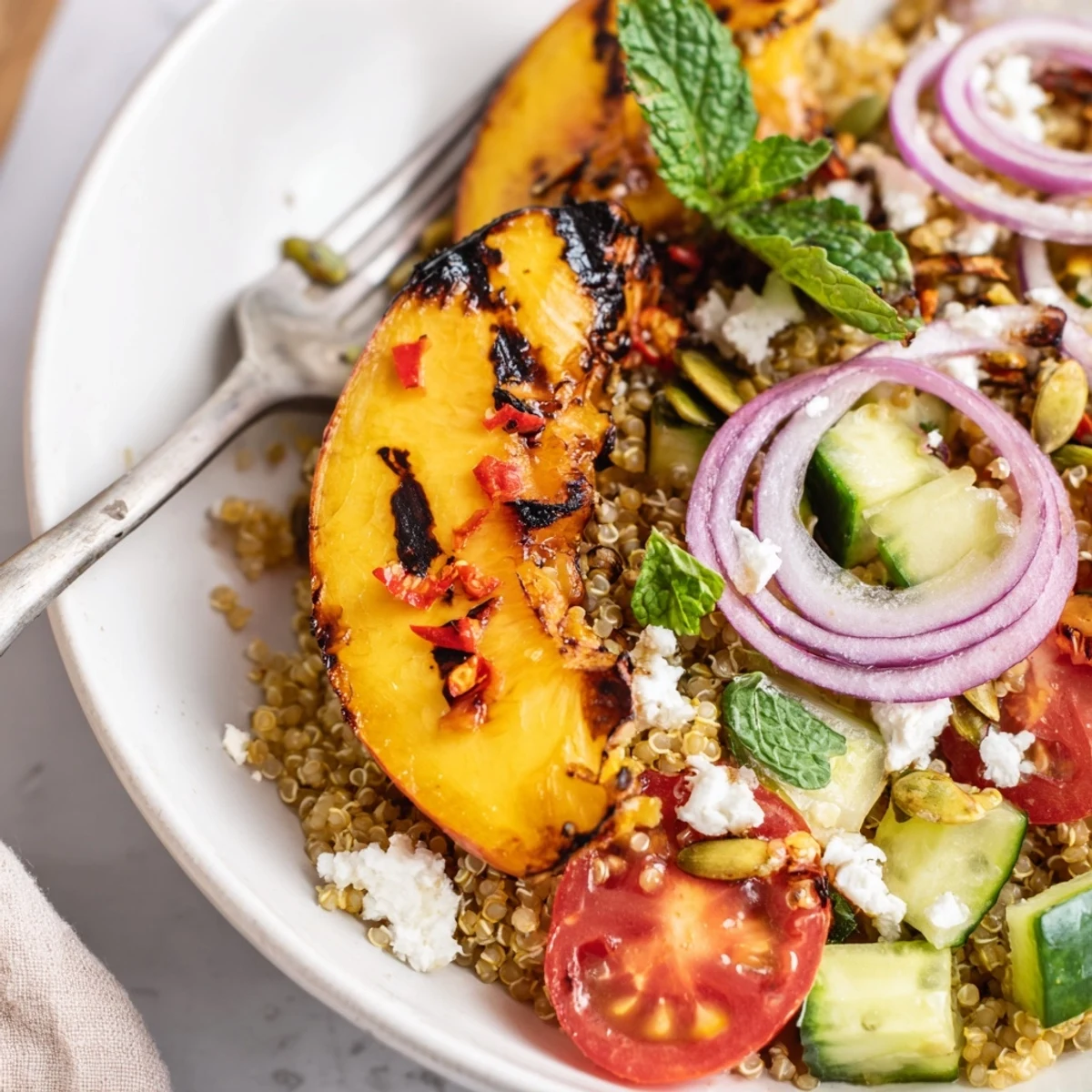 A bowl of Grilled Nectarine Chili Quinoa Grain Salad with zesty lime dressing