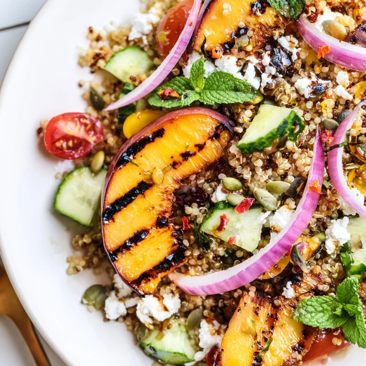 Grilled Nectarine Chili Quinoa Grain Salad served chilled, juicy nectarines and crunchy pumpkin seeds