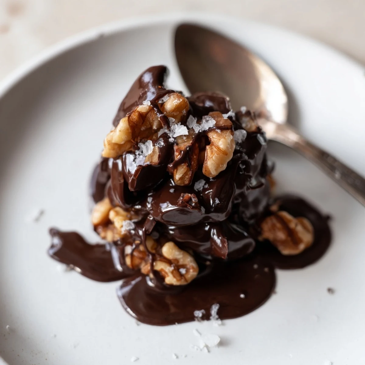 A stack of Dark Chocolate Walnut Date Clusters sprinkled with sea salt