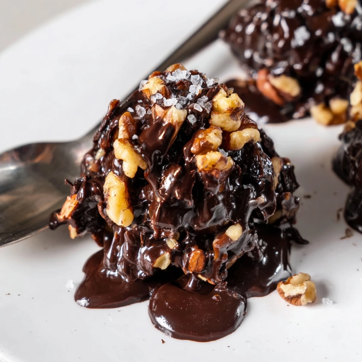 Bite sized Dark Chocolate Walnut Date Clusters chilled on tray, chewy dates, nutty crunch