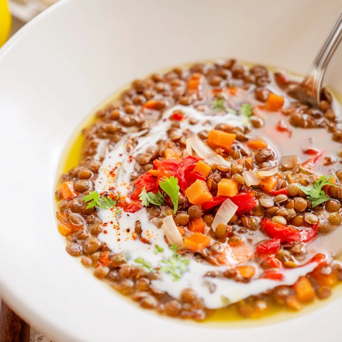 Steaming bowl of Spiced Coconut Tomato Brown Lentil Hearty Soup, creamy, aromatic cilantro garnish
