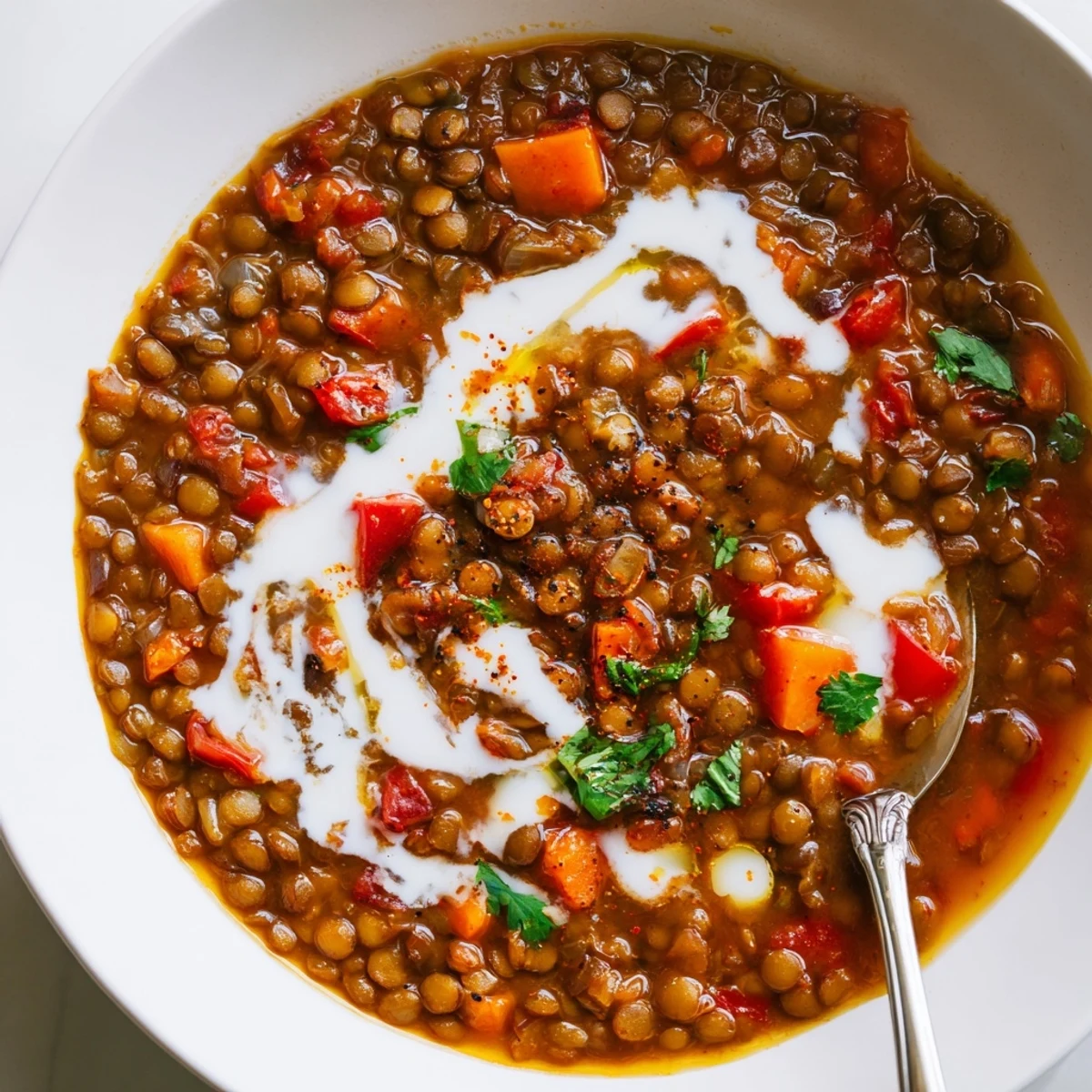 Velvety Spiced Coconut Tomato Brown Lentil Hearty Soup with tangy lime and fragrant spices