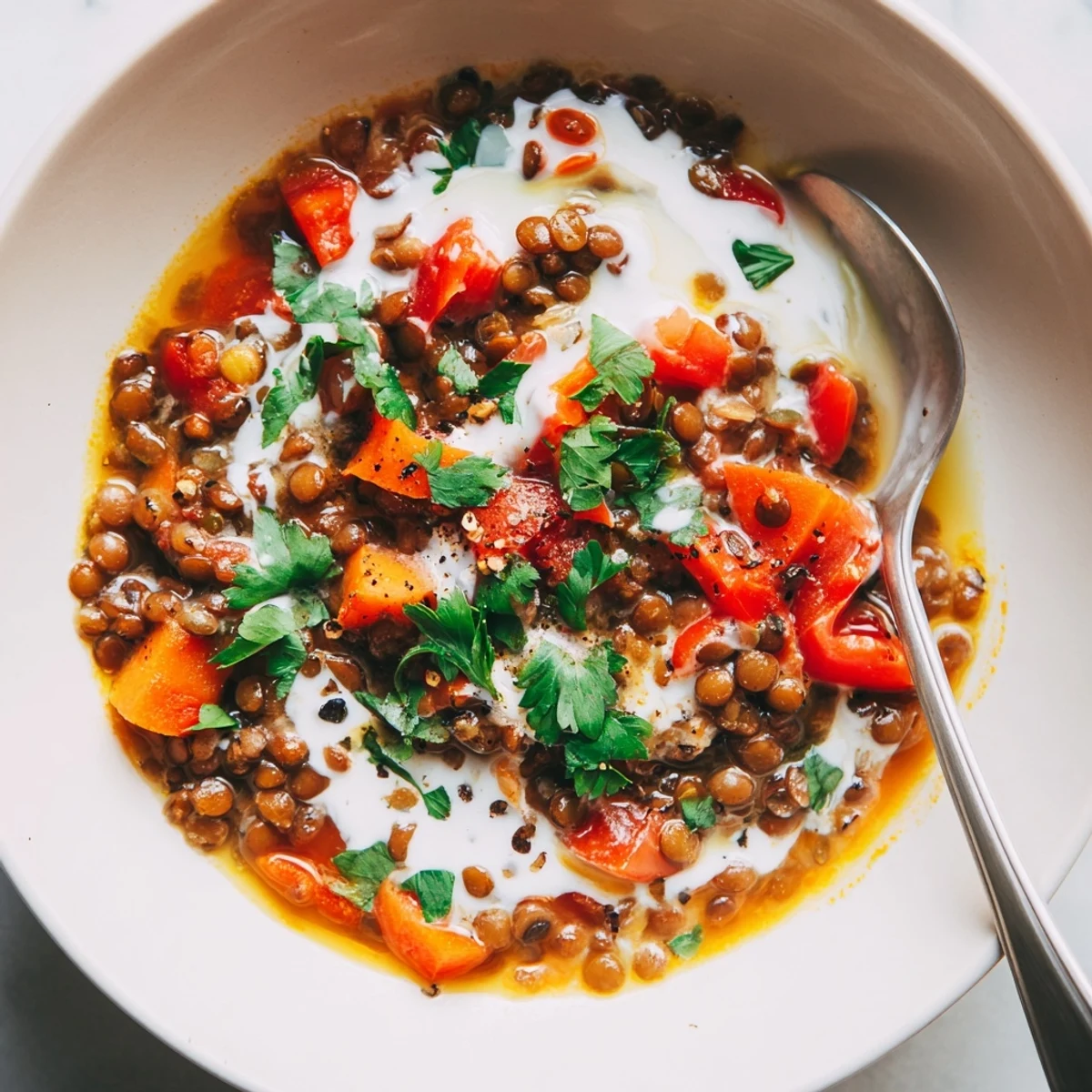 Warm Spiced Coconut Tomato Brown Lentil Hearty Soup ladled into bowl, served with bread