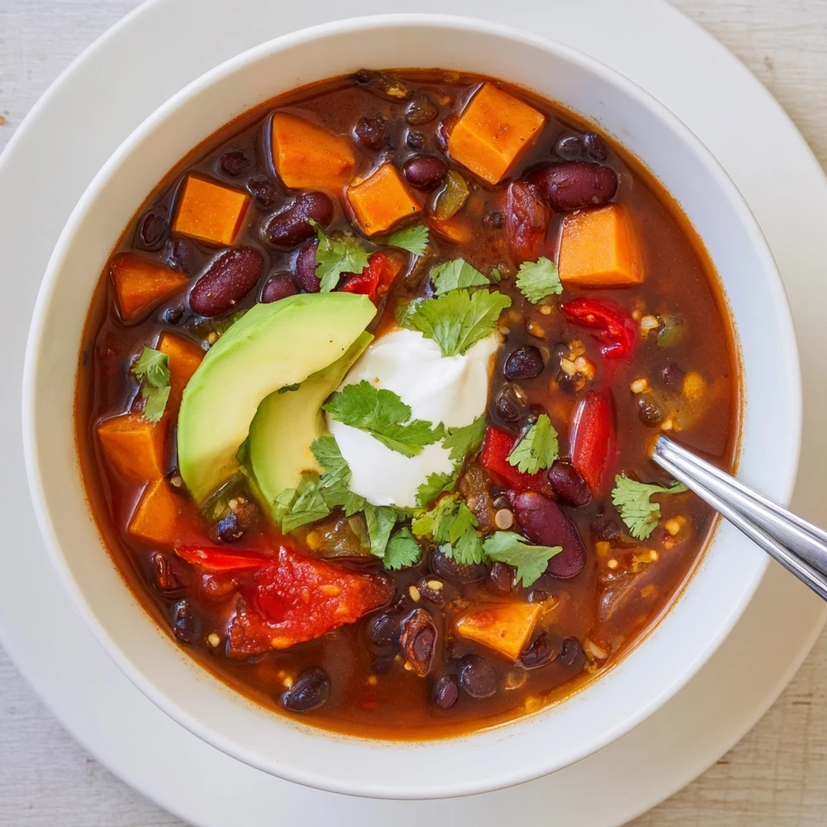 Smoky Black Bean and Sweet Potato Hearty Soup steaming in a bowl.