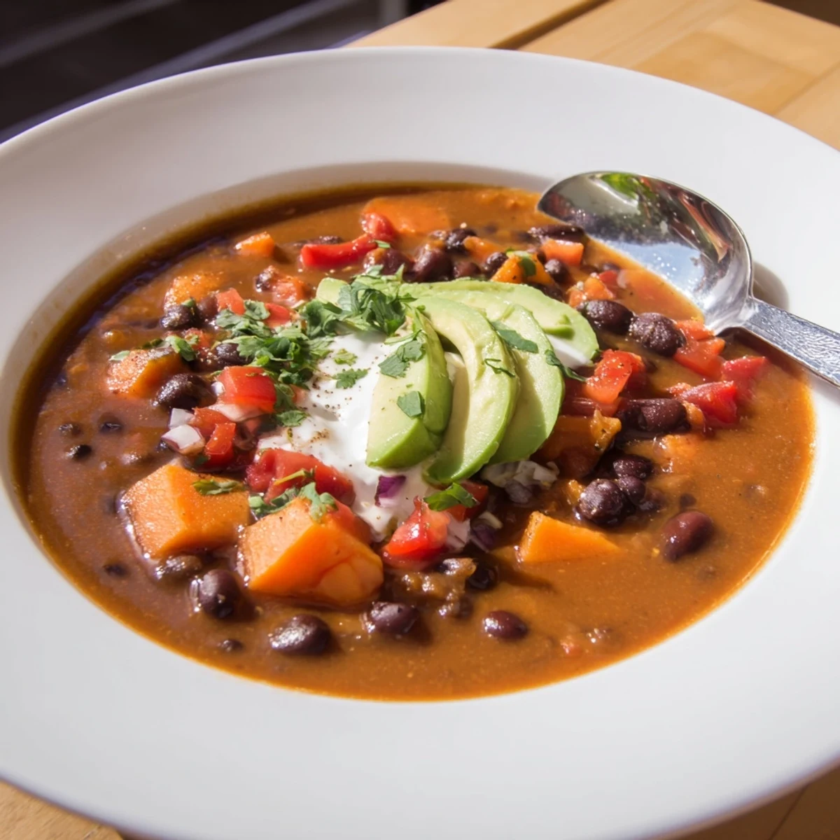 Bowl of Smoky Black Bean and Sweet Potato Hearty Soup garnished with avocado.