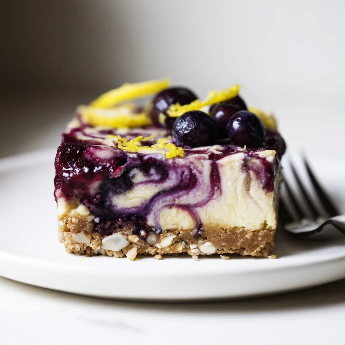 Chilled Blueberry Lemon Cashew Cream Bars with glossy blueberry swirl and lemon zest.