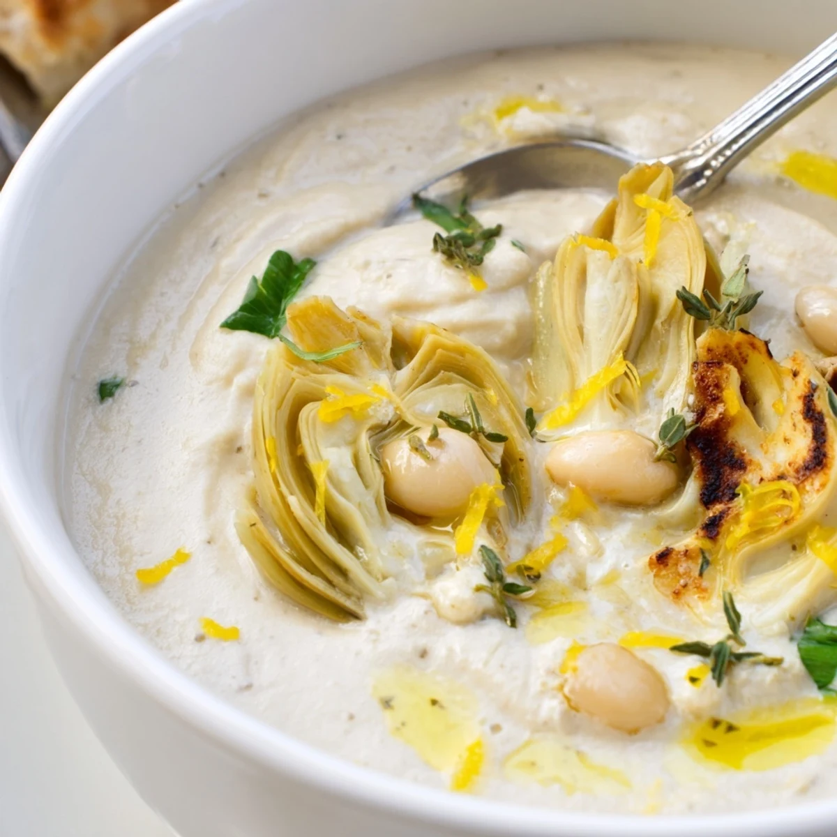 Velvety, lemon bright Creamy Roasted Artichoke Heart and White Bean Hearty Soup