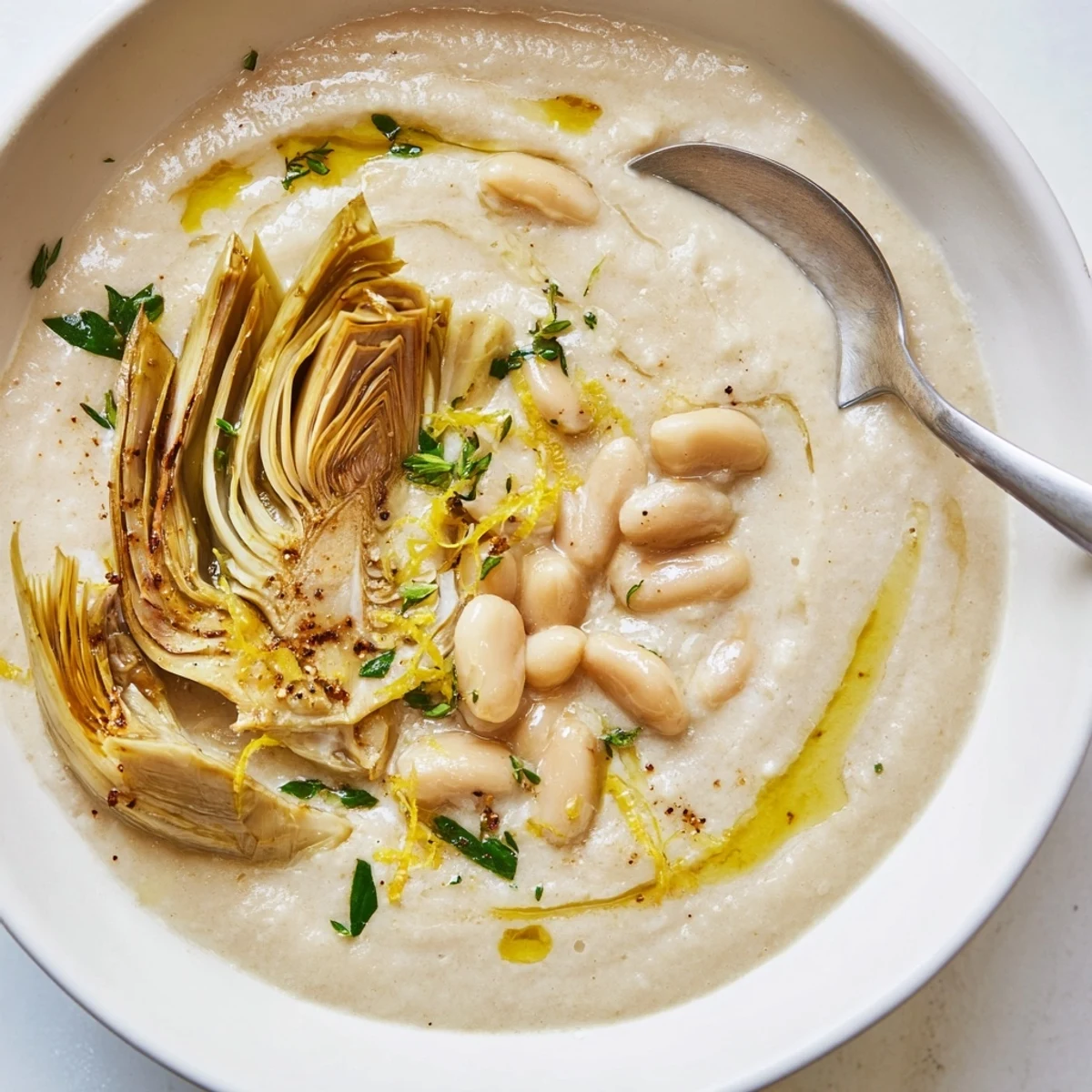 Steaming bowl of Creamy Roasted Artichoke Heart and White Bean Hearty Soup, herb garnished
