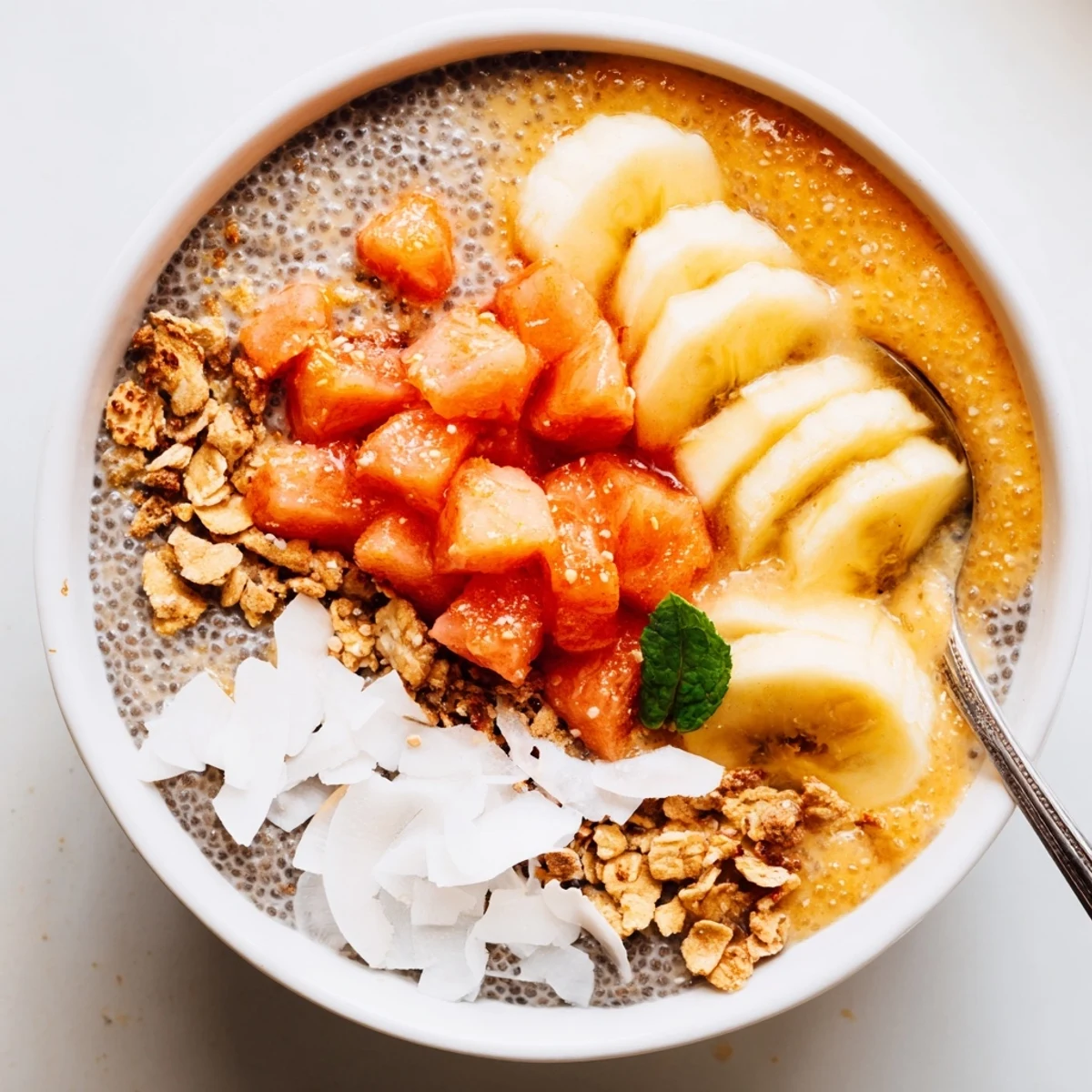 Guava Pineapple Coconut Chia Breakfast Bowl topped with sliced banana and toasted almonds