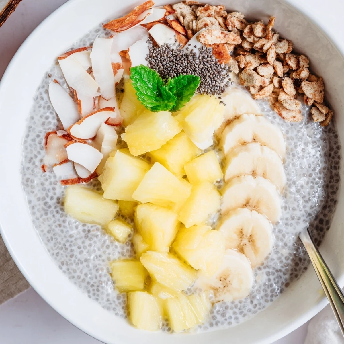 Spoon-ready Guava Pineapple Coconut Chia Breakfast Bowl garnished with fresh mint and granola