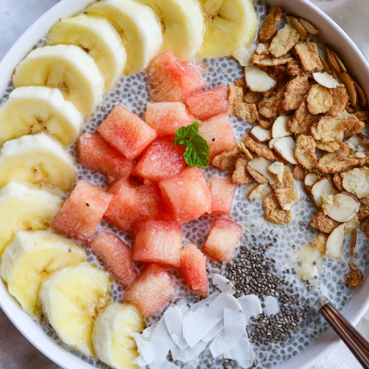 Bright Guava Pineapple Coconut Chia Breakfast Bowl chilled, creamy pudding with shredded coconut