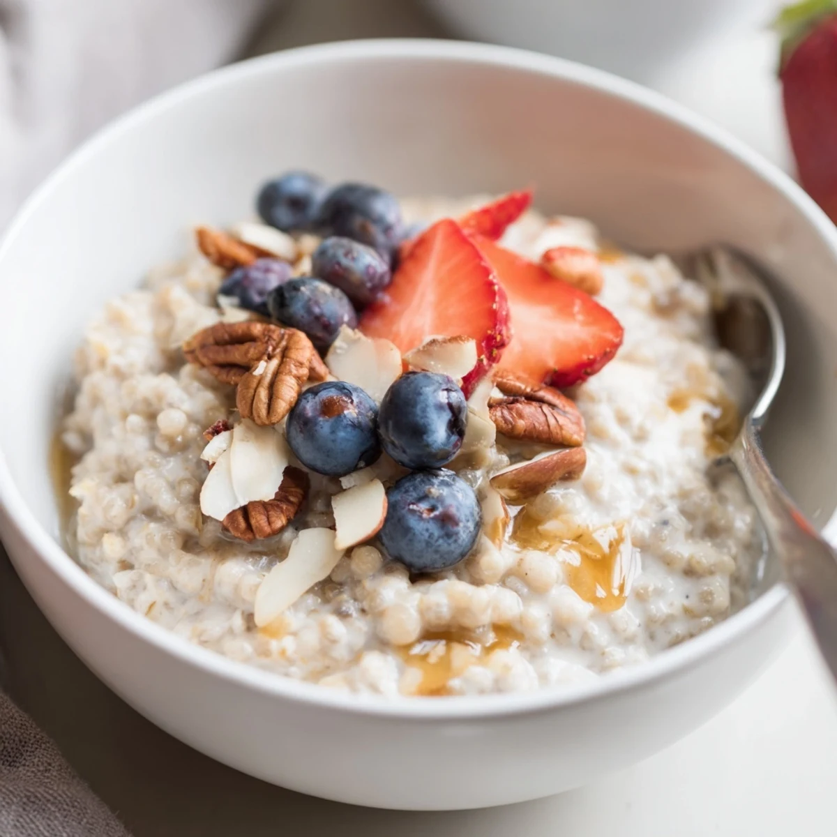 Warm Vanilla Maple Sorghum Porridge Breakfast Bowl topped with berries, toasted pecans