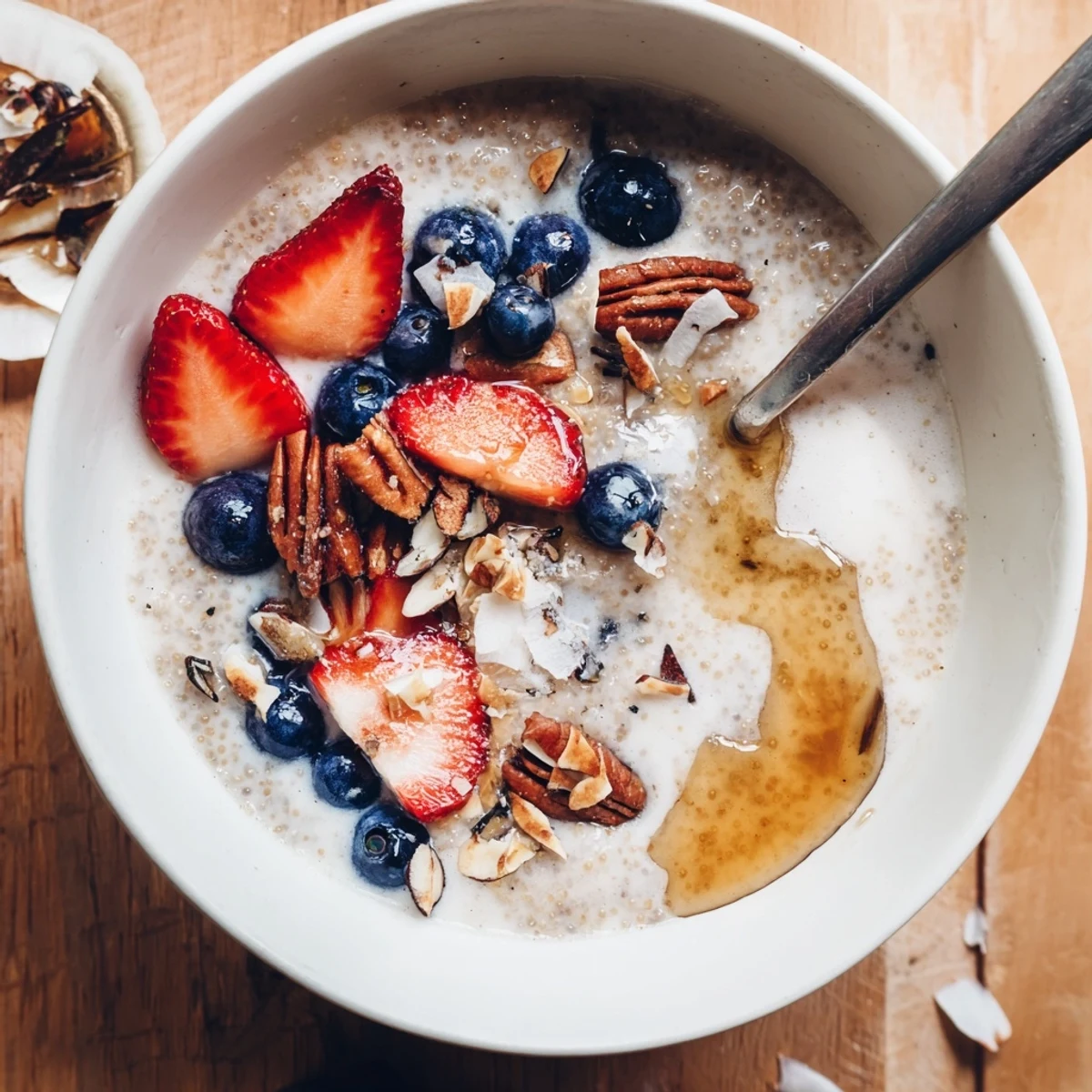 Creamy Vanilla Maple Sorghum Porridge Breakfast Bowl steaming, drizzled with extra maple syrup