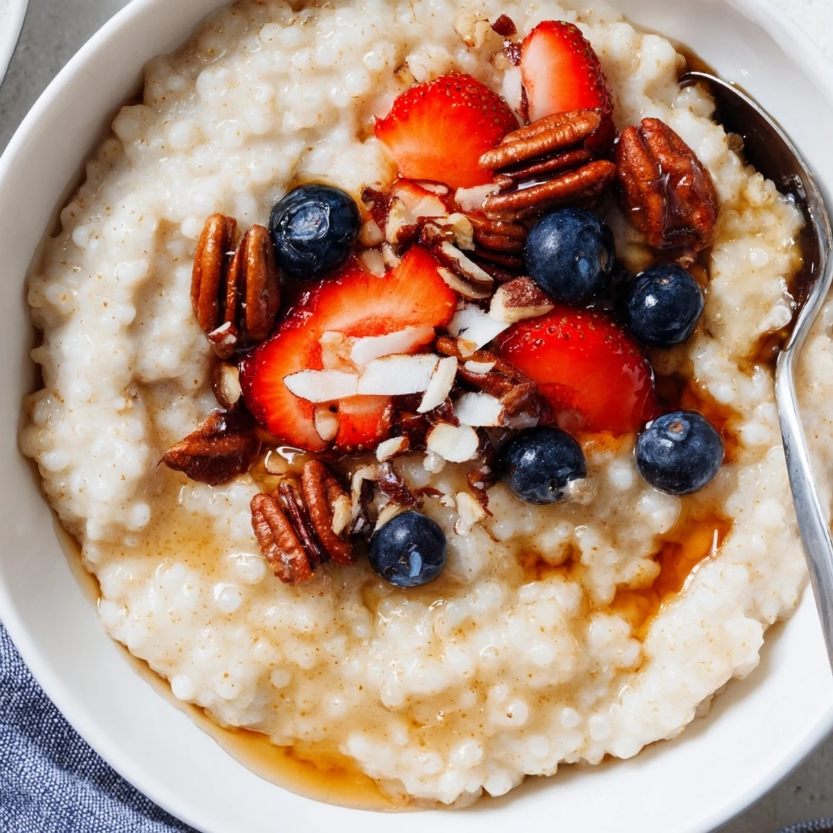 Hearty morning Vanilla Maple Sorghum Porridge Breakfast Bowl with coconut flakes, almonds