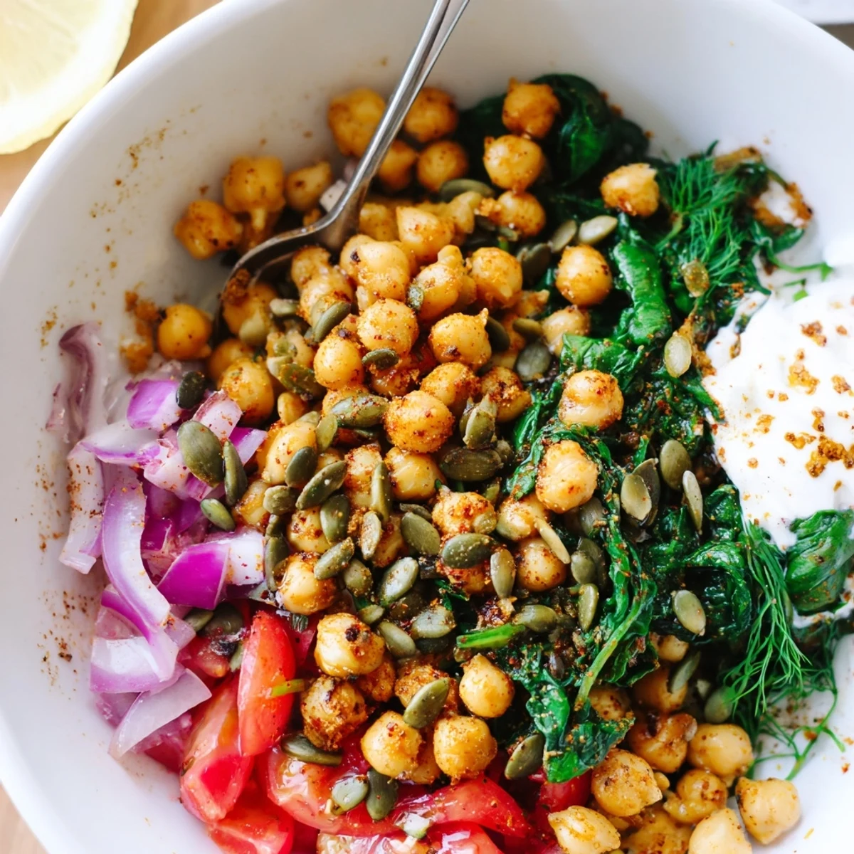 Steaming skillet of Savory Herbed Chickpea and Spinach Breakfast Bowl, topped with yogurt.