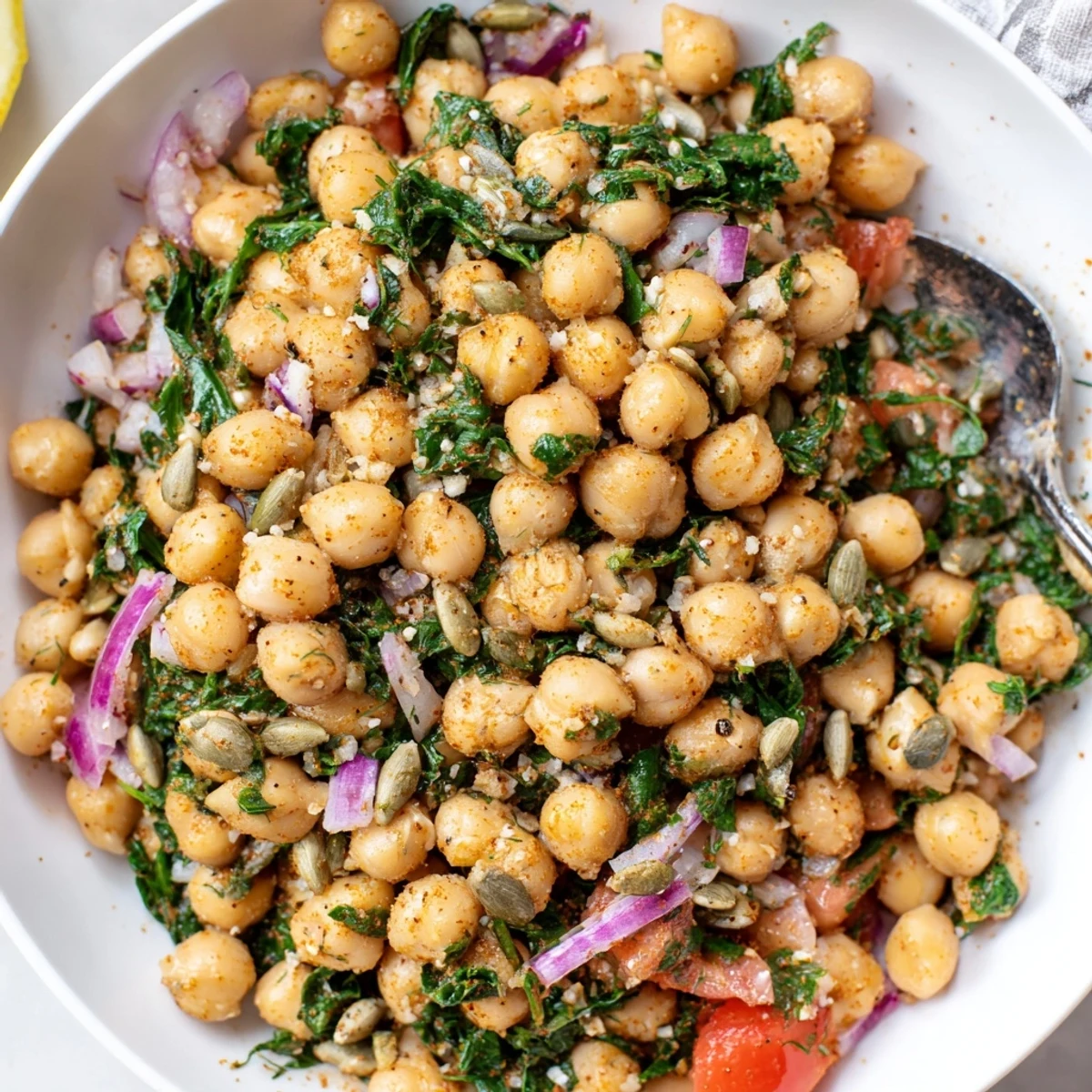 Savory Herbed Chickpea and Spinach Breakfast Bowl served with warm sourdough toast.