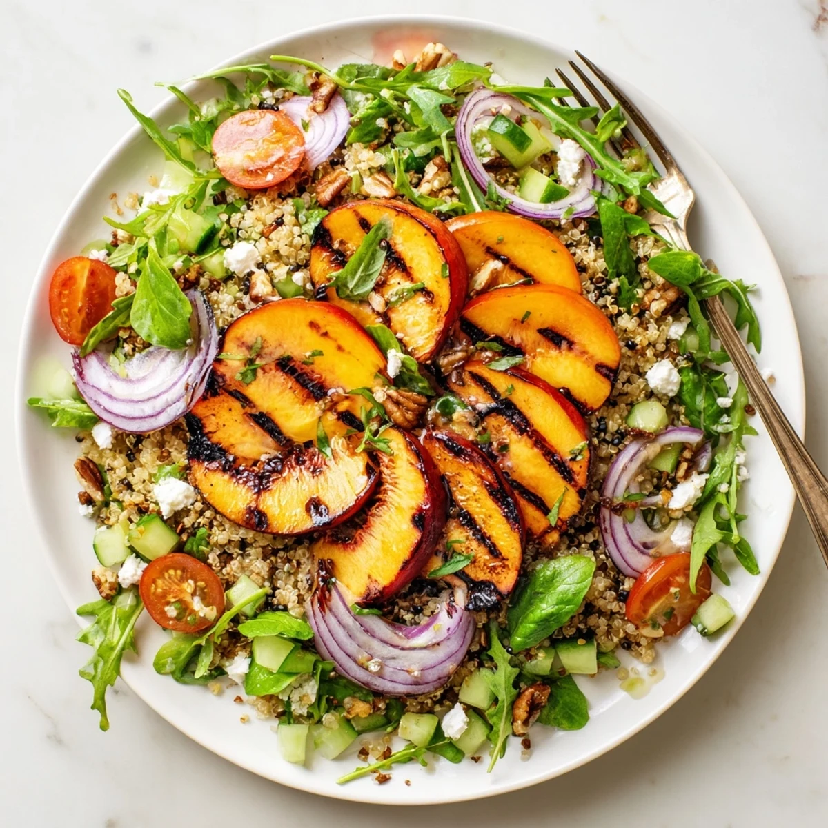 Grilled Peach Basil Quinoa Grain Salad with smoky charred peaches and zesty lemon vinaigrette