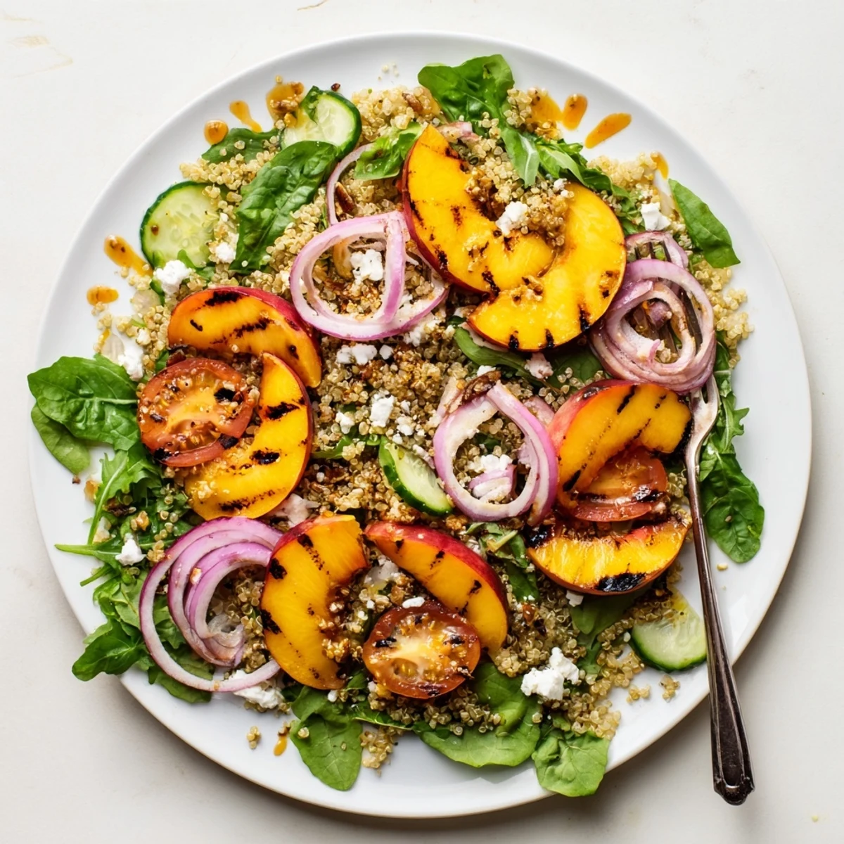 Summer Grilled Peach Basil Quinoa Grain Salad served chilled topped with toasted pecans