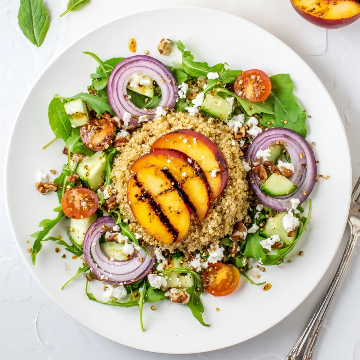 Bright Grilled Peach Basil Quinoa Grain Salad tossed with arugula and crumbled feta