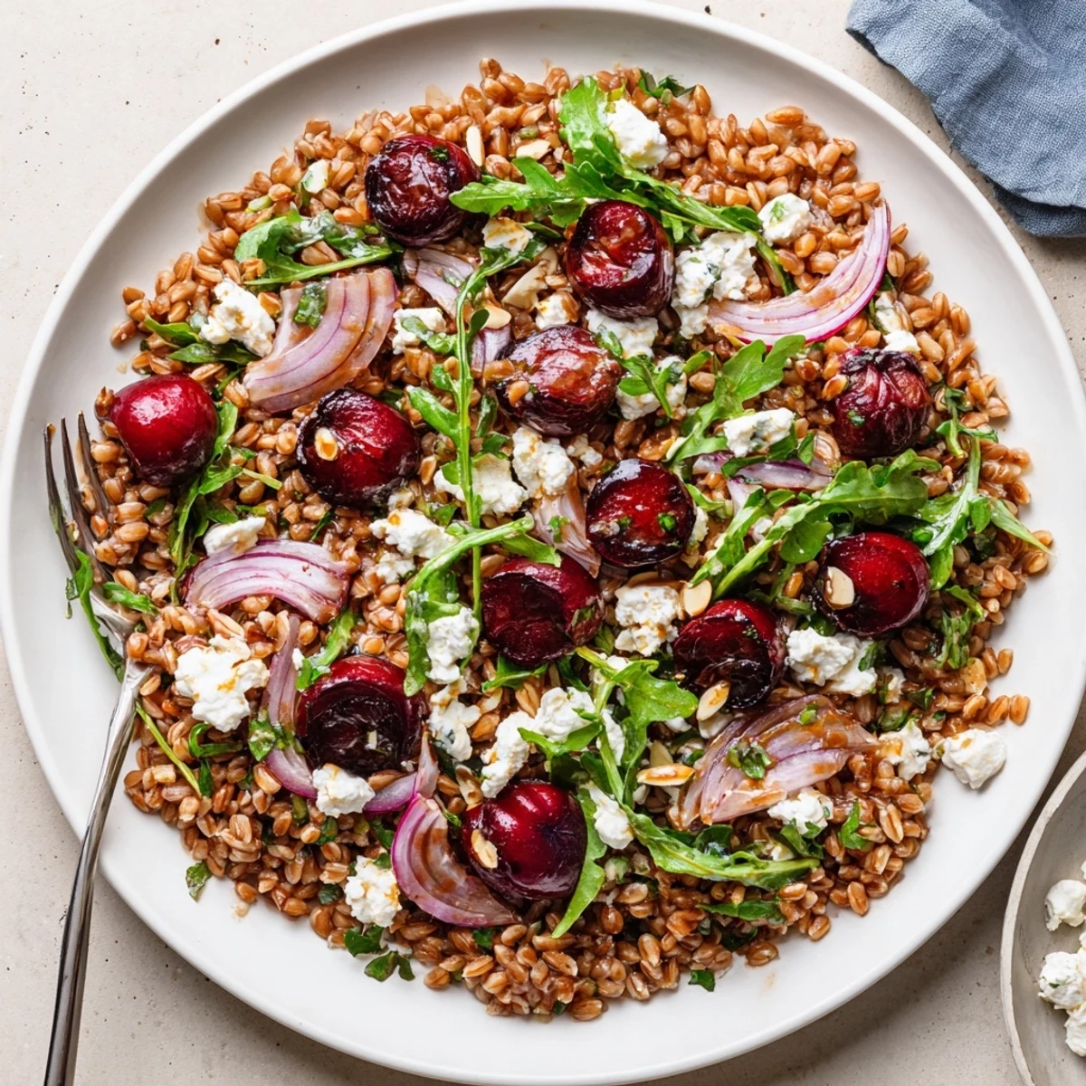 Roasted Cherry Balsamic Farro Grain Salad with caramelized cherries, tangy vinaigrette