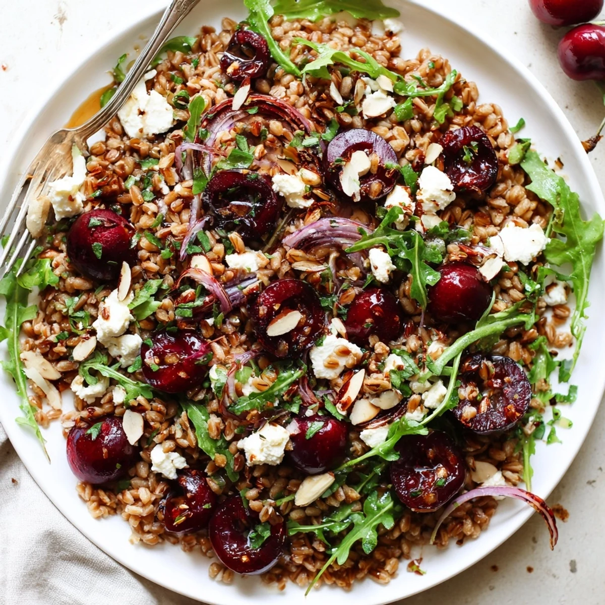 A bowl of Roasted Cherry Balsamic Farro Grain Salad, feta, toasted almonds