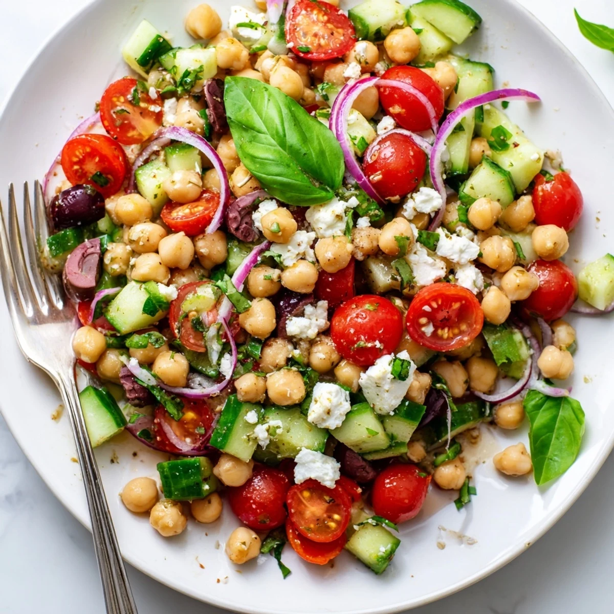 Colorful Mediterranean chickpea salad with ripe tomatoes cucumber basil and lemon olive oil dressing
