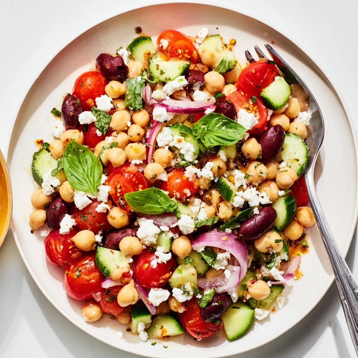 Fresh bowl of chickpeas tossed with crisp cucumber cherry tomatoes and fragrant basil leaves