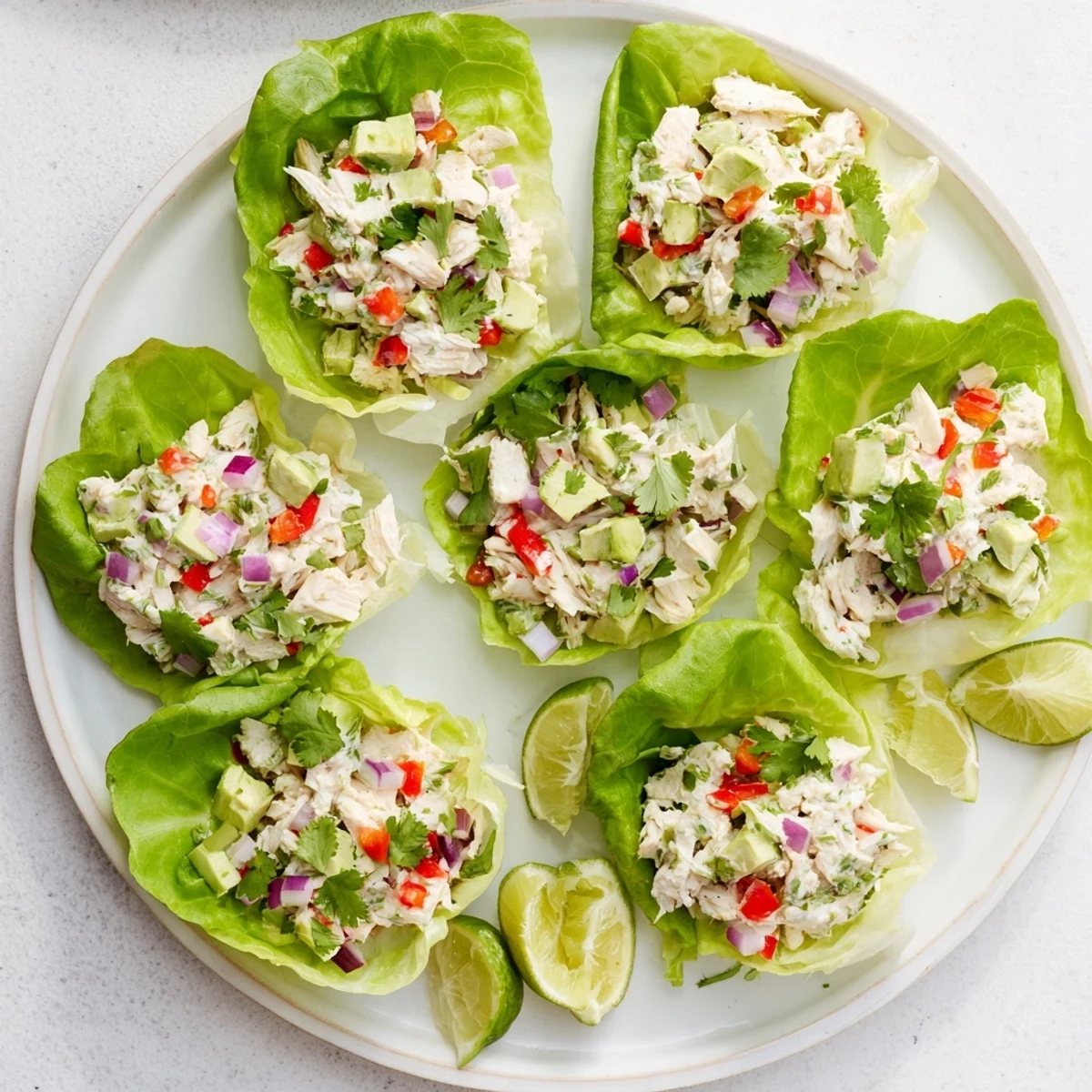 Crisp butter lettuce cups filled with creamy cottage cheese cilantro lime chicken salad topped with fresh herbs