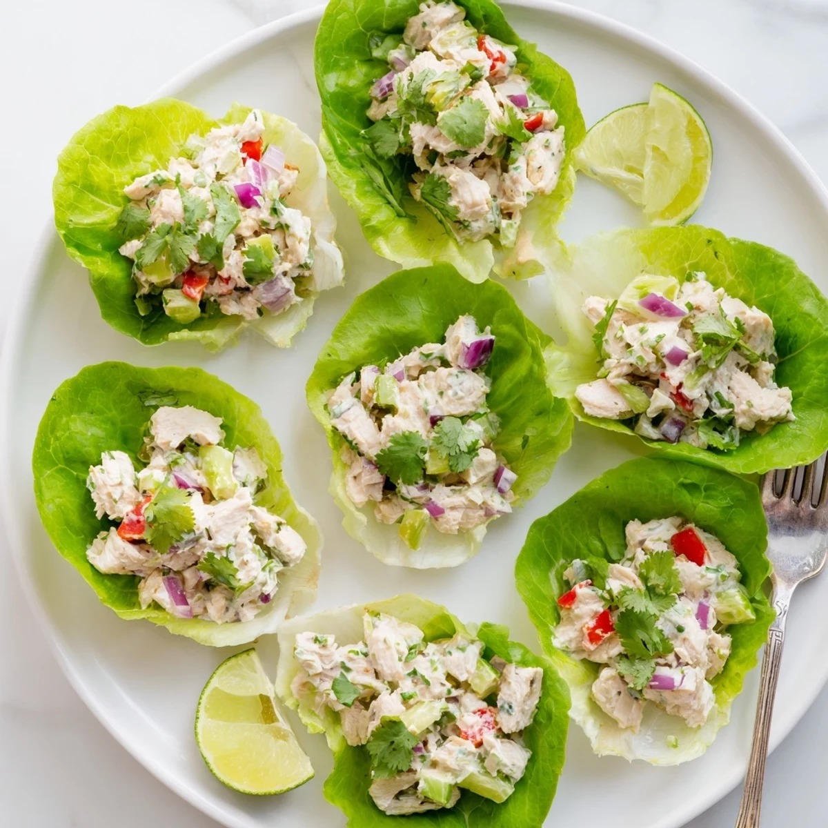 Close-up of tender chicken salad with cottage cheese and fragrant cilantro nestled inside crisp green lettuce leaves