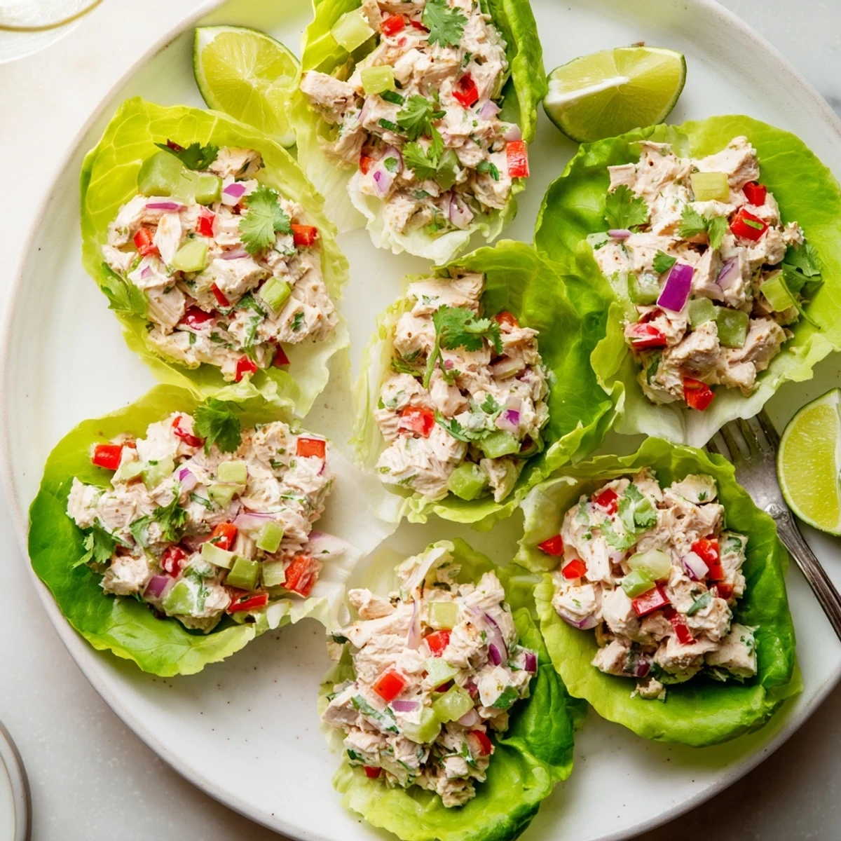 Protein-packed chicken salad with cottage cheese and zesty lime served in refreshing lettuce cups for a light meal