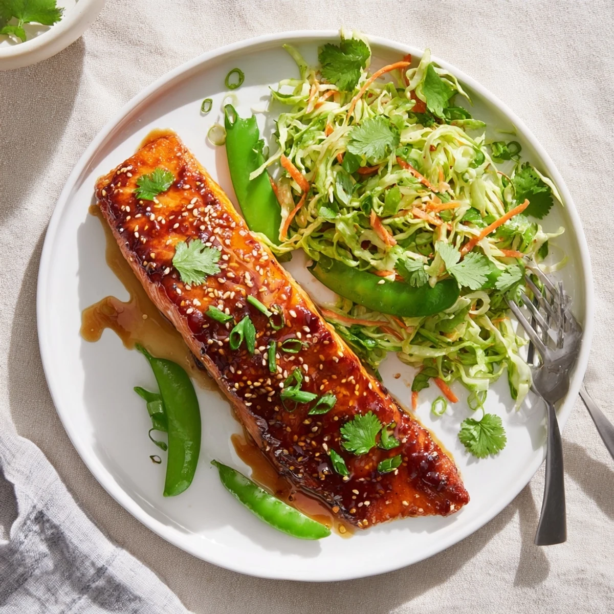 Golden roasted miso maple salmon on a bed of crunchy snap pea and cabbage salad
