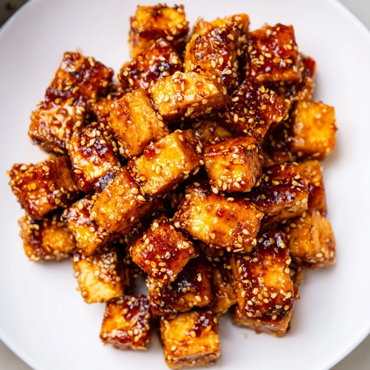 Golden brown crispy chili sesame tofu cubes atop a colorful shredded cabbage slaw