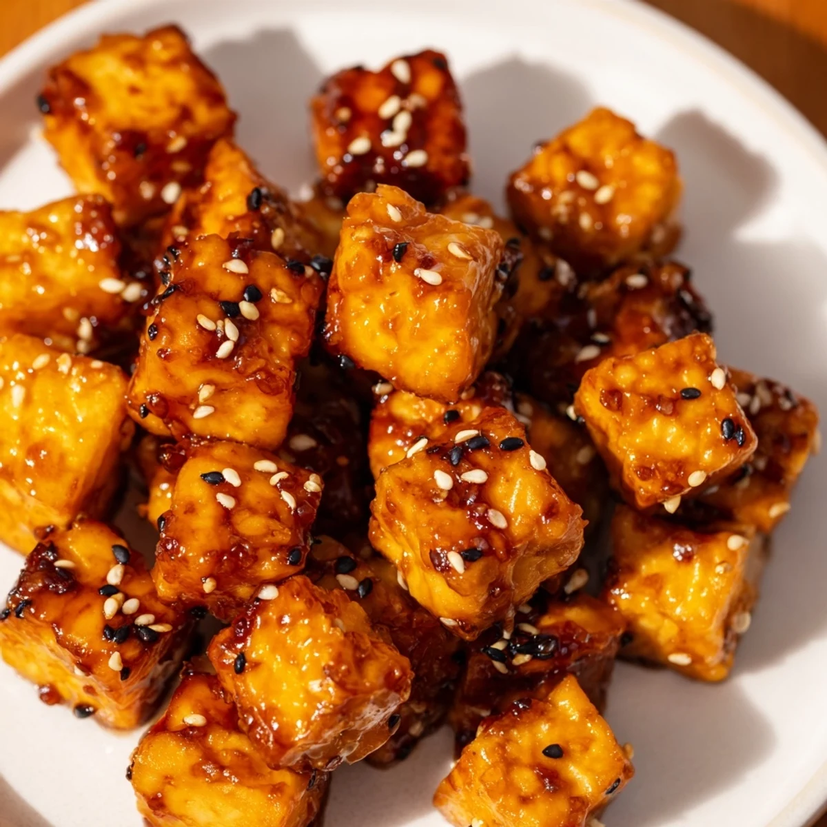 Spicy glazed tofu pieces served over fresh red and green cabbage with sesame garnish