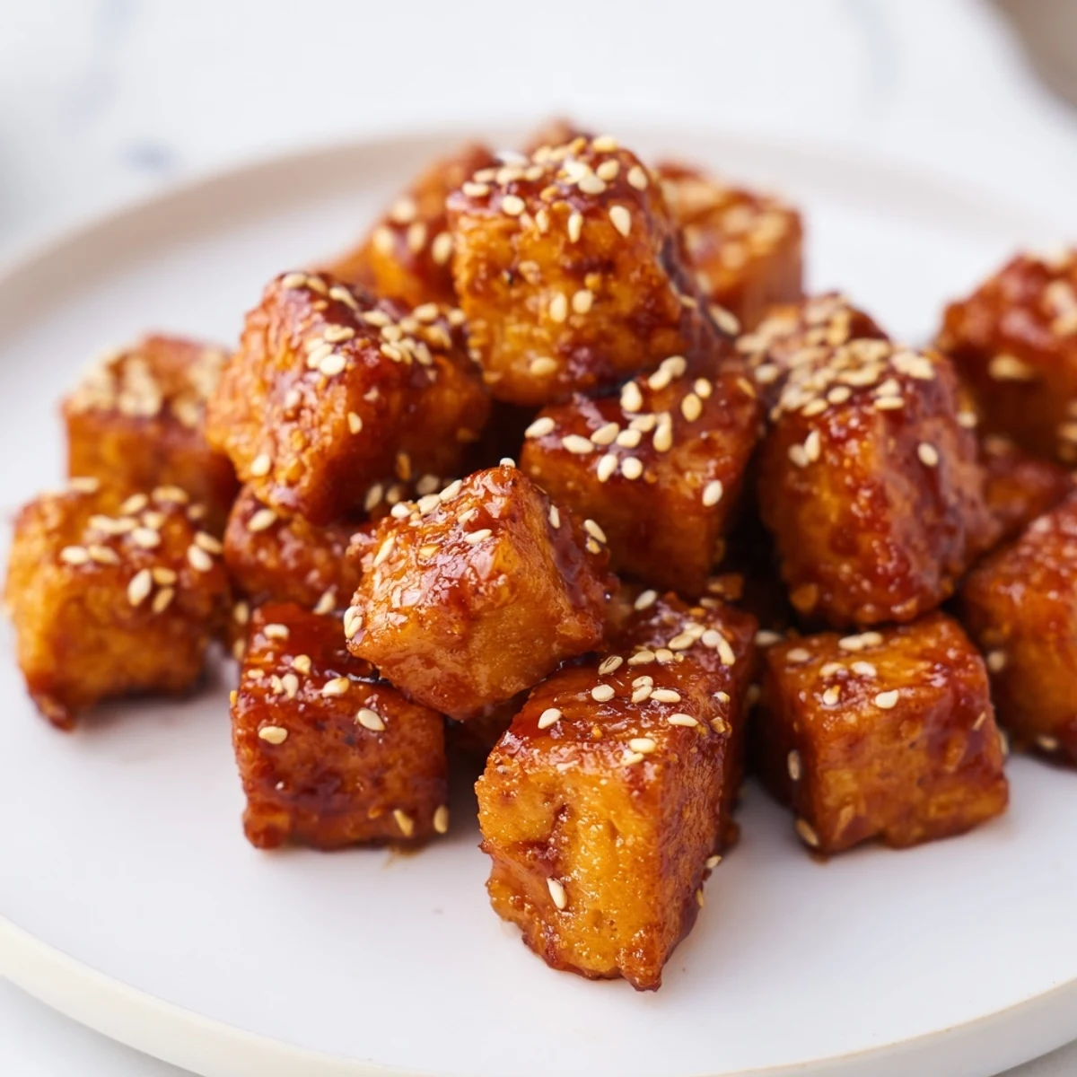 Vegan crispy chili sesame tofu with ginger cabbage crunch plated on white serving dish