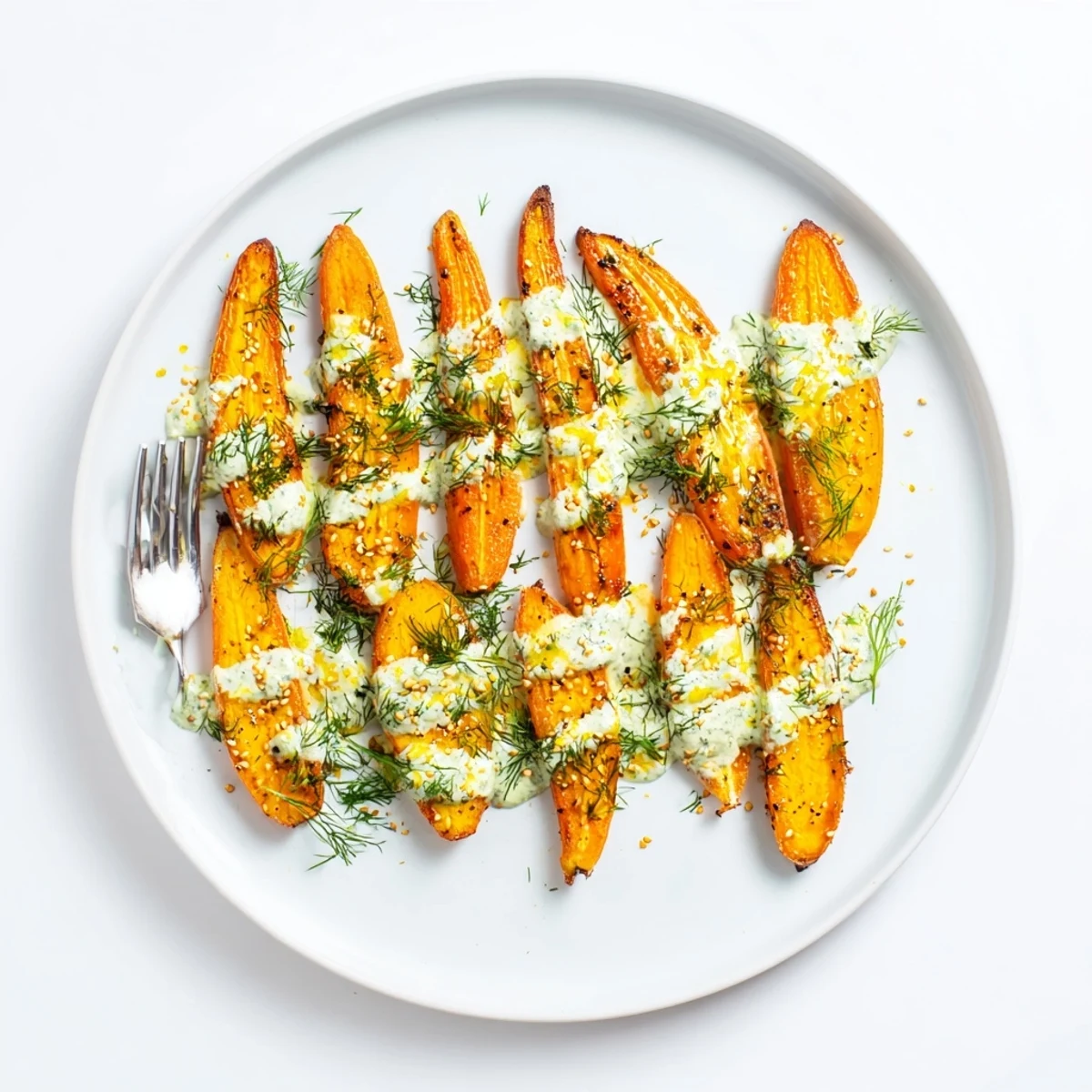 Golden roasted carrots drizzled with creamy lemon herb tahini sauce on a white serving platter