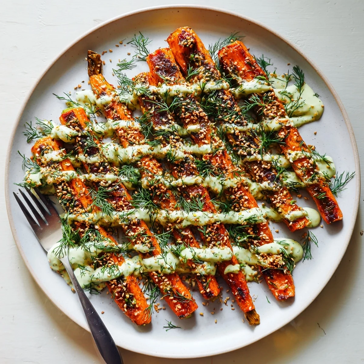 Vegan roasted carrot side dish with sesame tahini sauce garnished with parsley and toasted seeds
