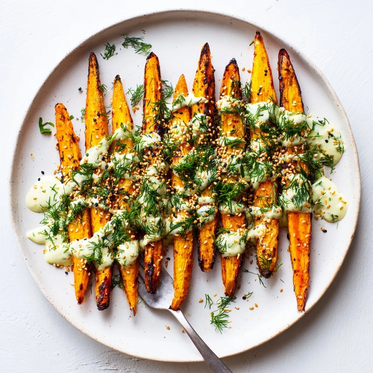 Caramelized carrot halves coated in spices topped with zesty tahini dressing and fresh herbs
