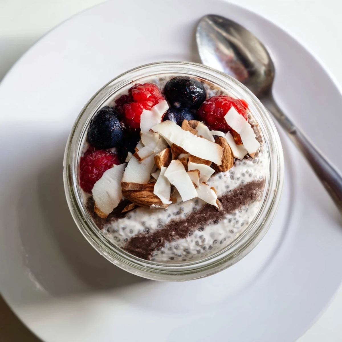 Glass jar layered with chocolate almond coconut berry protein chia cream topped with fresh berries and almonds