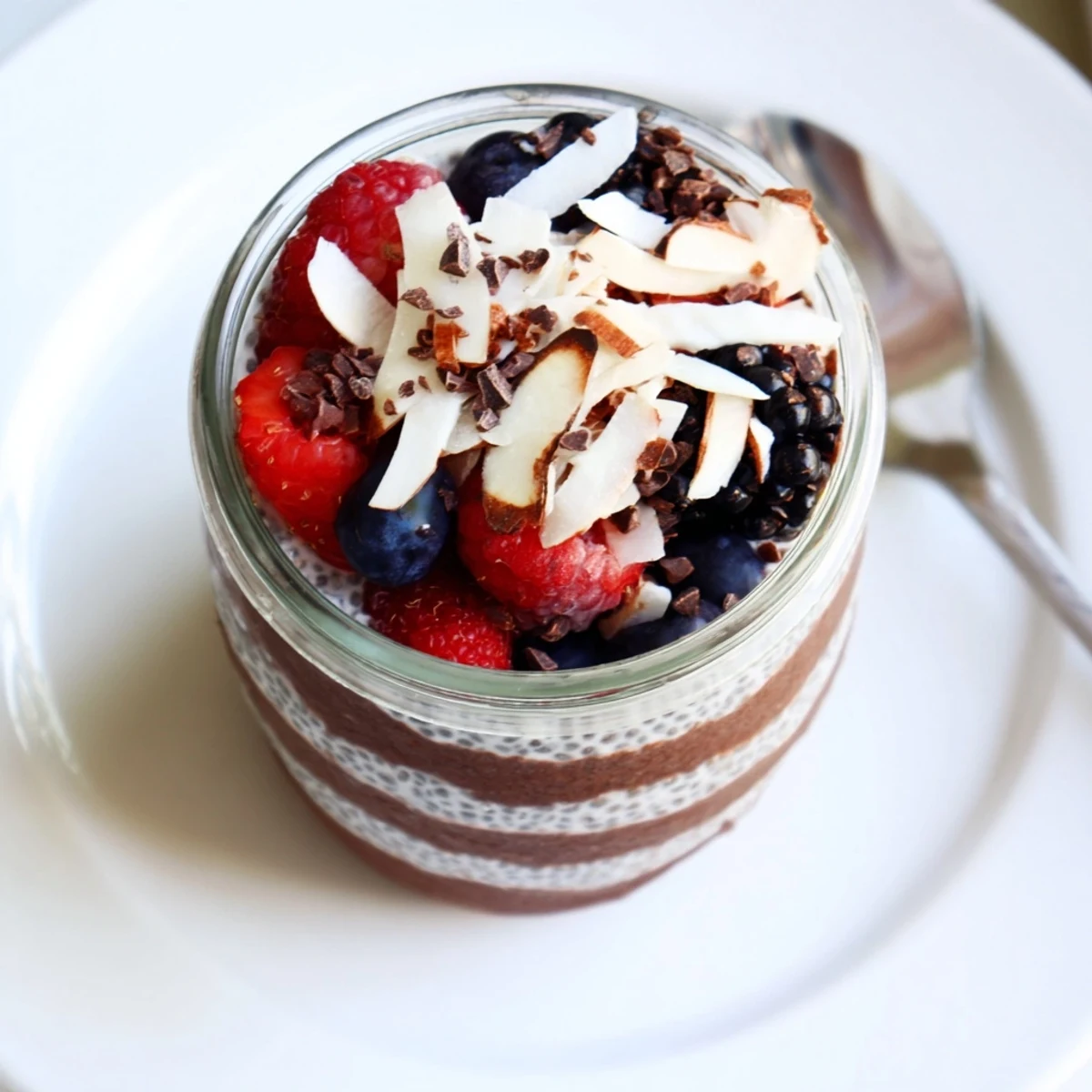 Parfait featuring chocolate protein cream, chia pudding, mixed berries, and shredded coconut in clear layers