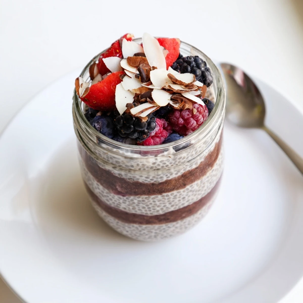 Healthy chocolate chia cream dessert bowl with almonds, coconut, and vibrant berry layers ready to serve