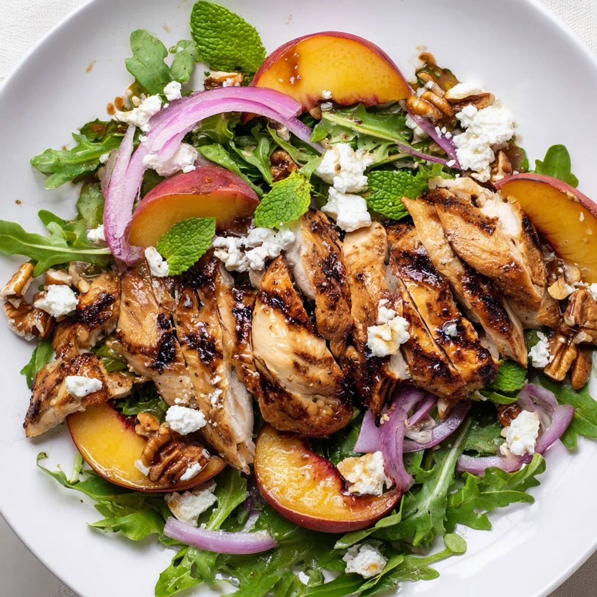 Golden grilled chicken slices served over arugula with caramelized peach wedges and fresh mint