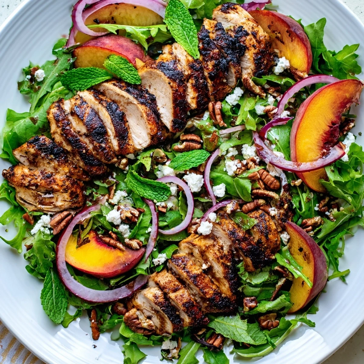 Charred peach halves and sliced grilled chicken atop fresh arugula with torn mint leaves